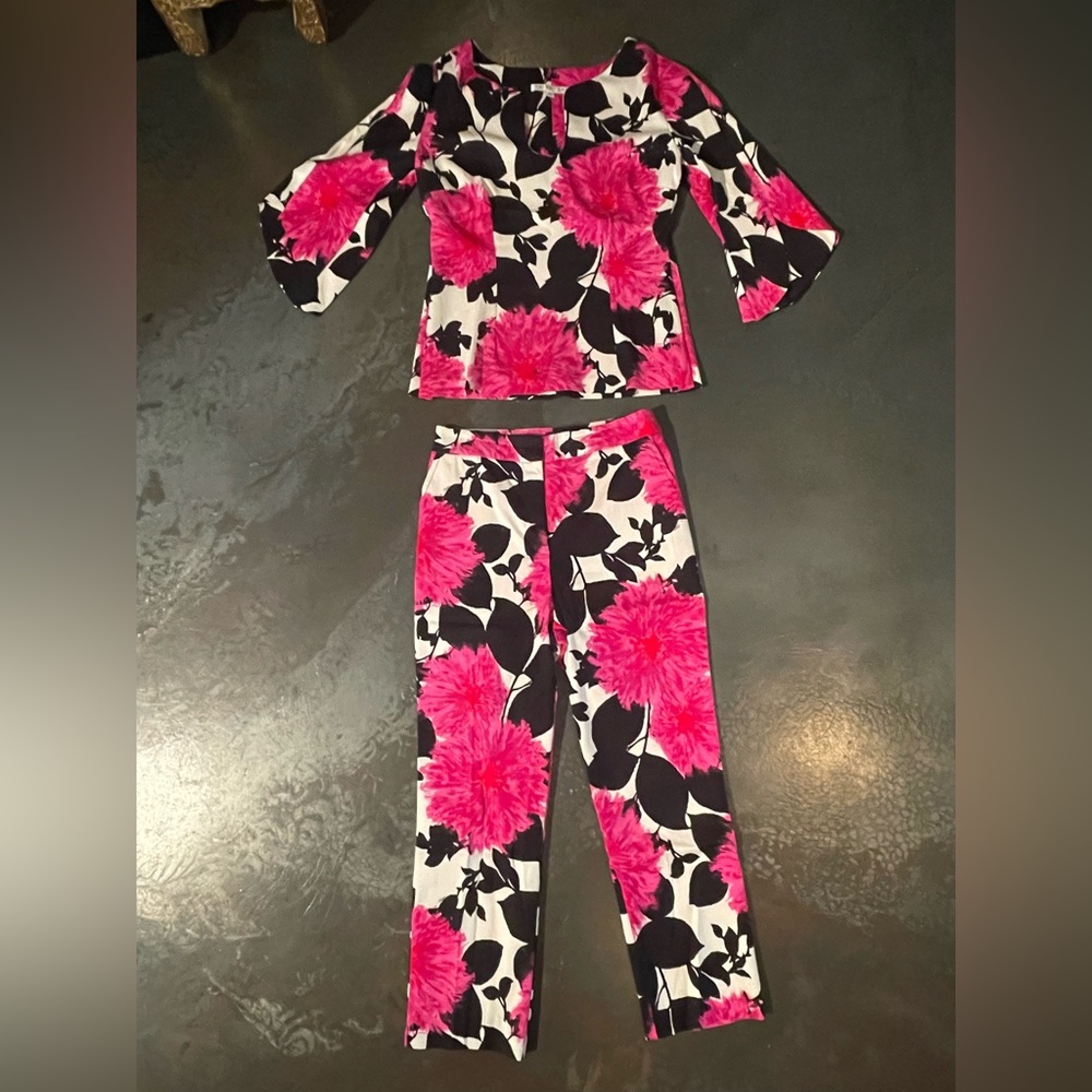 Trina Turk Pink, Black & White Floral Pantsuit - Picture 4 of 6